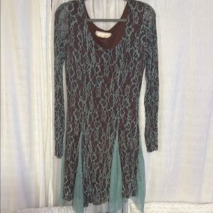 A'Reve Brown Dress with Teal Lace Overlay Long Sleeve